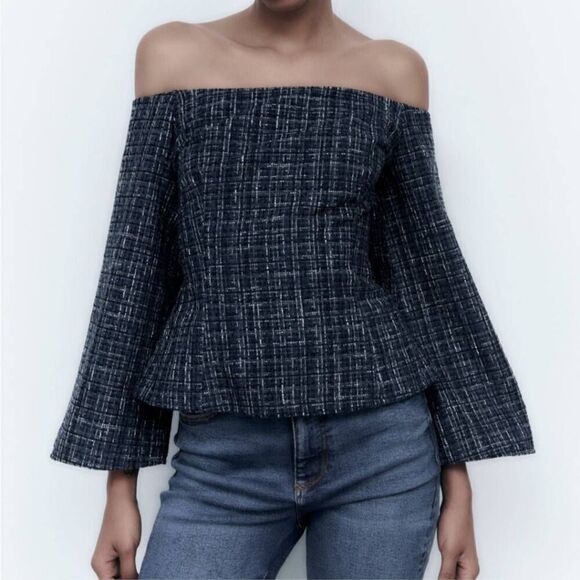 Zara Women's Blue Tweed Textured Off the Shoulder Top Long Sleeve Size Small - Picture 1 of 10